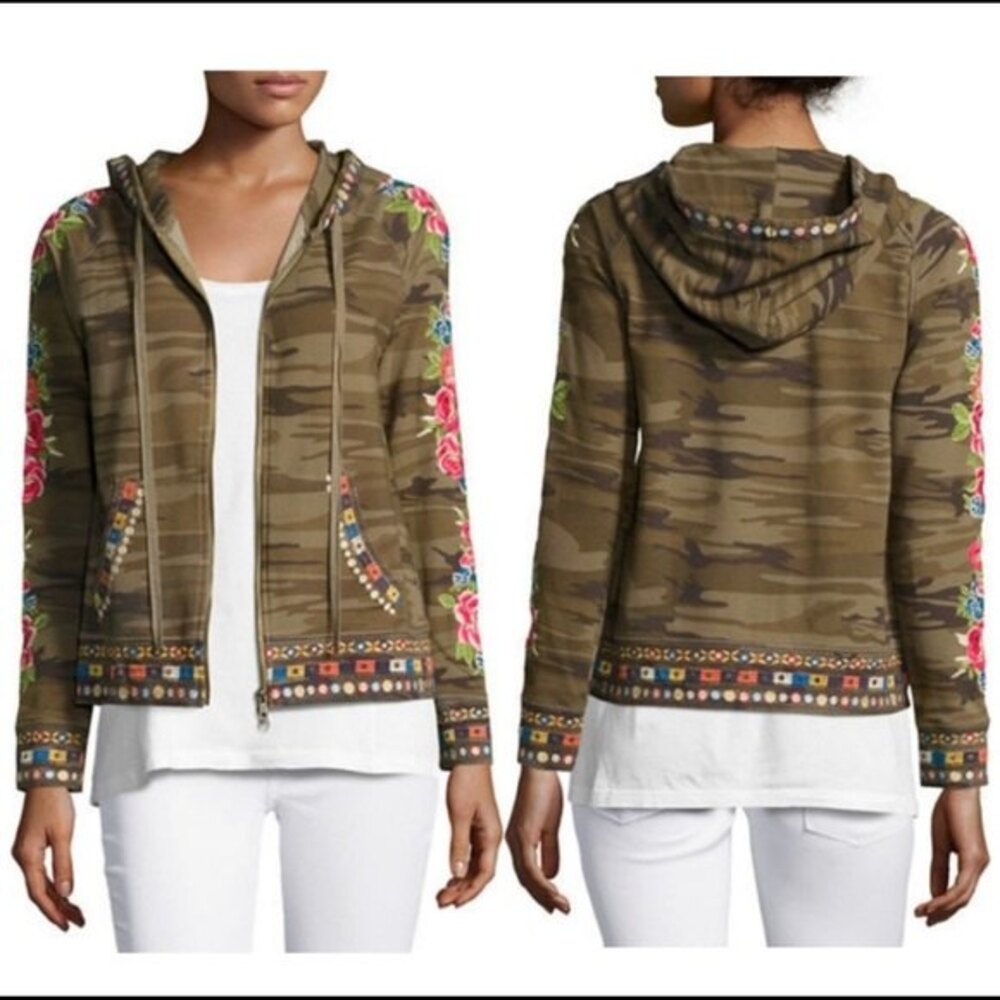 Johnny Was Camo Green Rina Raglan Hoodie Jacket